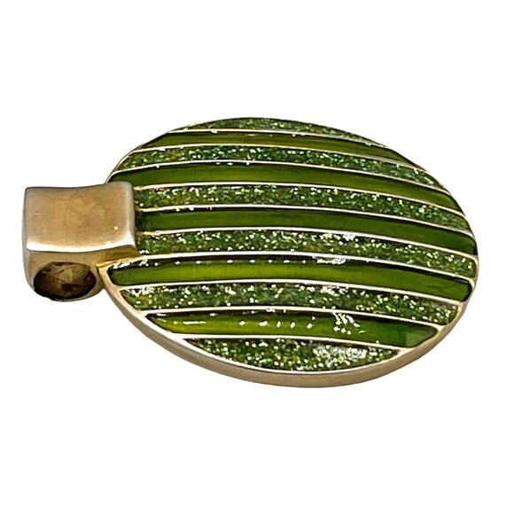 Vintage Green & Gold Tone Striped Enamel Xmas Ornament Pendant 1 1/2" Round - Picture 6 of 8